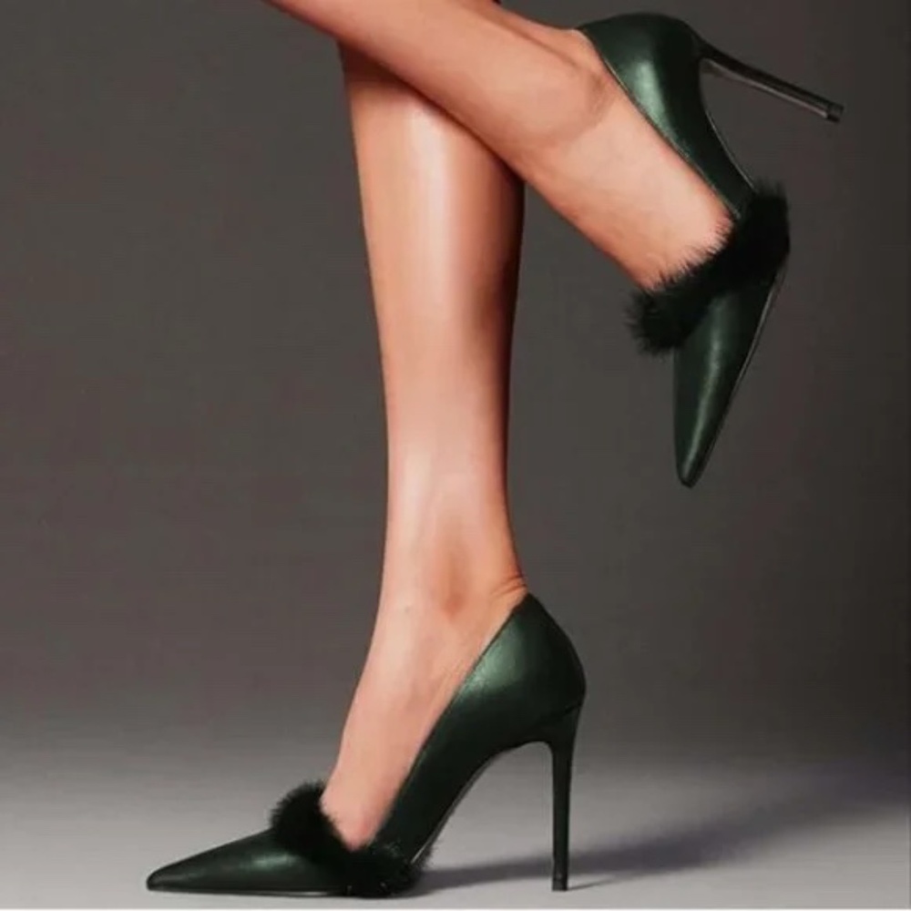 FSJ Green Pointy Toe Classic Stiletto Heel Pumps with Fur Accent border